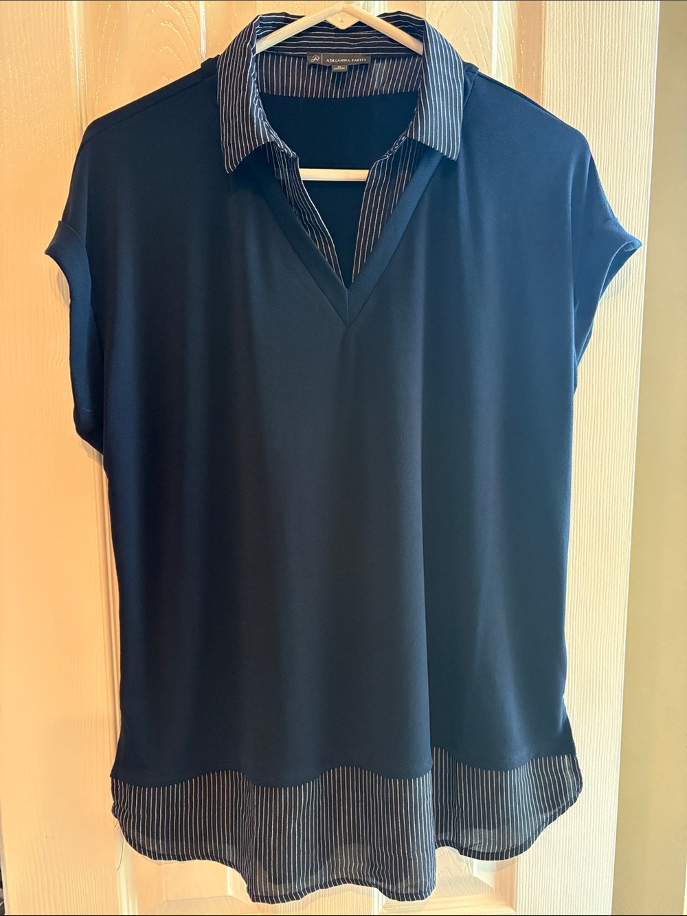 Adrianna Papell Navy Layered V-Neck Blouse with Striped Collar/Bottom M
